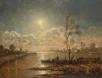 Dutch river landscape at moonlight with fishermen by 
																	Pieter J Tschaffen