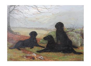 Three black hounds in a landscape by 
																	Benedict A Hyland