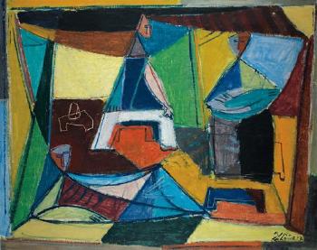 Composition men in a tent by 
																	Aharon Kahana