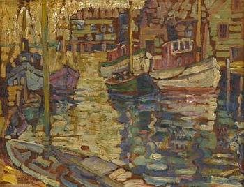 Boats in a harbor by 
																	Susette Schultz Keast