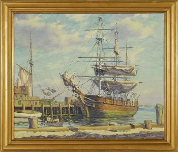 New Bedford harbor scene depicting a whaling ship at dock by 
																	Francisco Rapoza