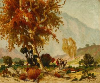 A figure with donkeys under a sycamore tree by 
																			Oscar Theodore Jackman