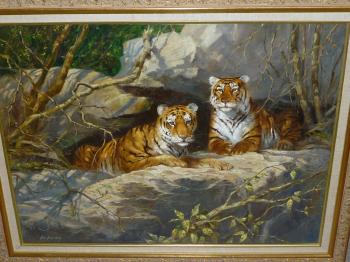 Tigers resting on a rock by 
																	Alan Fearnley