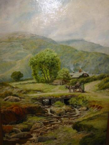 Welsh landscape with pony and cart near a cottage by 
																	Thomas J Purchas