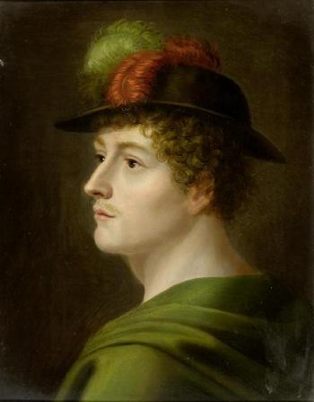 Portrait of a man and a lady in a feathered hat by 
																			Daniel Albert Freudweiler