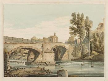 Italian village with bridge over river. Italian landscape with old estate by 
																			Edward Freyer