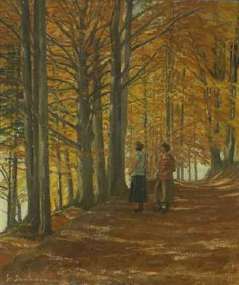 Spaziergangerinnen auf herbstlichem Waldweg by 
																	Josef Damberger