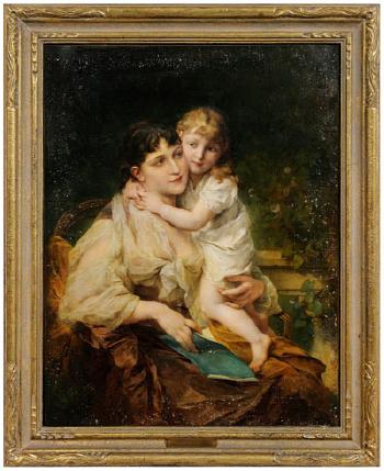 Mother and child in a garden by 
																			Adolphe Jourdan