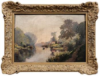 View of a river with figures fishing in a boat by 
																	Leon Louis Canivet