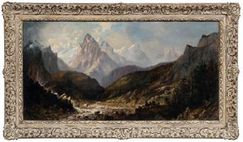 Western mountain landscape with waterfall, houses nestled in a valley by 
																	Abigail Tyler Oakes