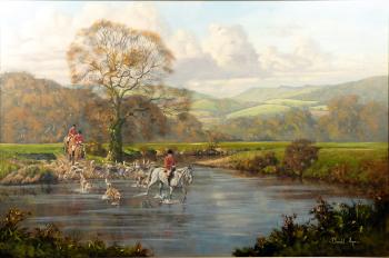 Huntsmen and hounds crossing a river by 
																	Donald Ayres