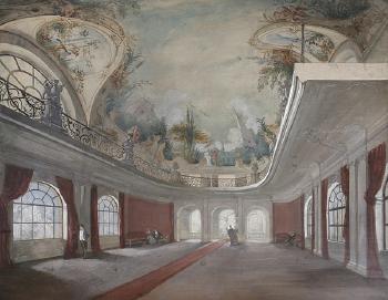 Blick in einen Ballsaal mit barocker Deckenmalerei. by 
																	Georg Pschorr