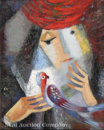 Woman in red hat with parrot by 
																			Viktor Rafael