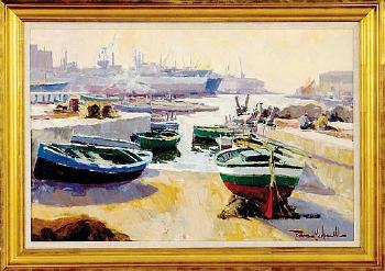 Fishing boats at a wharf by 
																	Francisco Galobardes Carbonell