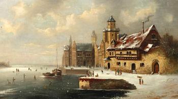 A town in winter with figures skating on the frozen river by 
																	Camillo Hackensollner