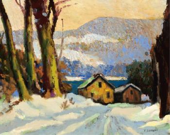 House in winter, distant mountains by 
																	Victor Joseph Harles