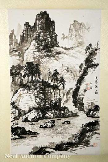 Mountainous landscape with waterfall and winding river by 
																			 Sun Tianmu