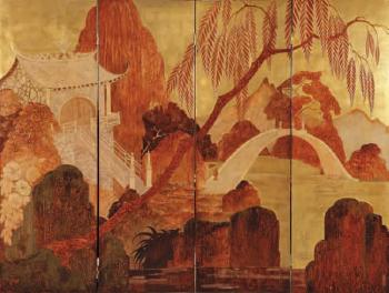 Paravant composé de quatre feuilles représentant un paysage exotique à décor d'une pagode dans une végétation luxuriante traversée par une rivière surmontée d'un pont by 
																	Gaston Priou