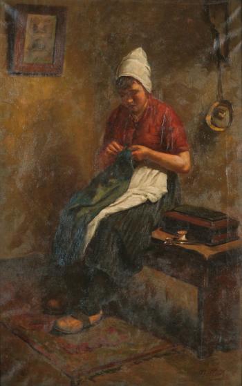 Interior with seamstress by 
																	Edouard Mallentjer