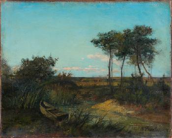 Berger sur des échasses dans un paysage marécageux by 
																	Hipolyte Pradelles