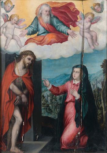 Le Christ aux liens et aux roseaux, visité par la vierge Marie et dominé par Dieu le Père et les anges by 
																	Giovanni Battista Lama