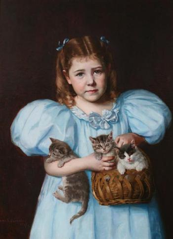 Young girl with kittens by 
																	Irene E Parmelee