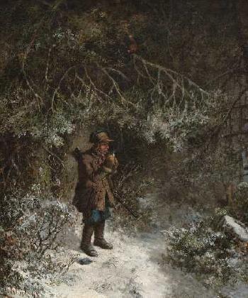 Pfeife rauchender Jäger im Winterwald by 
																	Bernard Frohlich