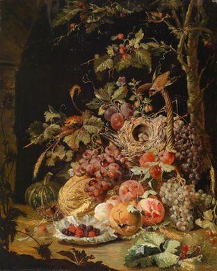 An autumn still life with a pumpkin, fruits and a bird's nest by 
																	Johann Baptist Halszel