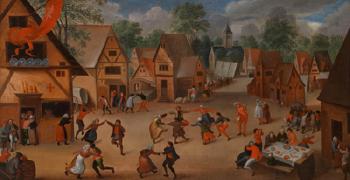 Village street with dancing, feasting peasants by 
																	Pieter Brueghel