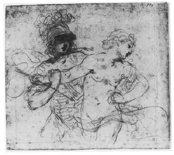 Rinaldo restraining Armida from wounding herself with an arrow by 
																			 Guercino