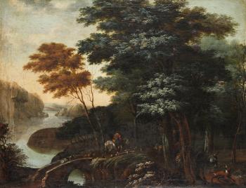 Landschaft mit Brucke, Reiter und Maulesel by 
																	Hermannus Eggerkes