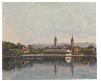 Blick vom Aeschacher Ufer über den Kleinen See auf die Inselstadt Lindau mit der alten Sängerhalle by 
																	Engelbert Wagele