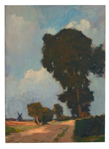 Besonnte Landschaft mit Windmühle und malerischer Baumgruppe by 
																	Herbert Kuron