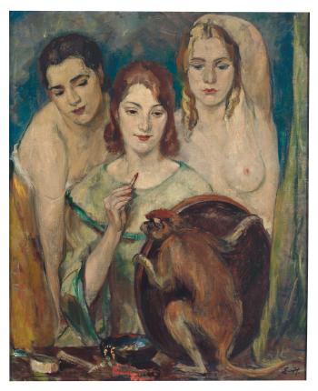 Variation zum Urteil des Paris; Ein Äffchen hält drei jungen Frauen einen Spiegel vor by 
																	Emilie von Hallavanya