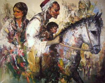 Portrait einer Familie zu Pferd (wohl Szene aus dem persischen Legendenschatz) by 
																	Anoush Rahnarvardkar