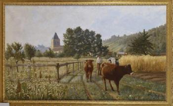 Le fermier et son troupeau dans un paysage à l'église by 
																	Alfred de Maghellen