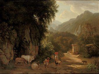 An Italianate landscape with travellers and peasants on a mountain track, others praying in front of a chapel by 
																	Abraham Teerlink
