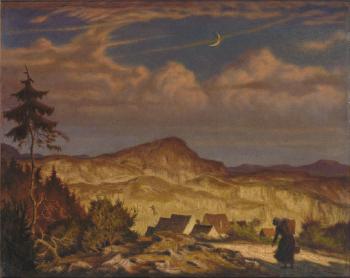 Abendlicher fränkische Hügellandschaft mit Dorf und Frau mit Kraxe auf dem Weg by 
																	Georg Ort