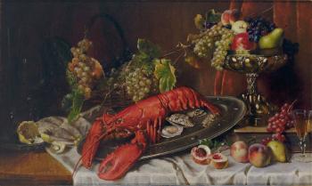 Stilleben mit großer Languste, Austern, Obst und feinem venezianischen Glas by 
																	Max Ebersberger