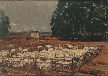 Schafe im Pferch vor einem Wäldchen by 
																	Albert Unseld