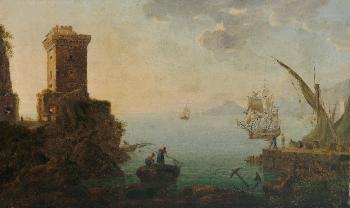 Italienische Küstenlandschaft mit Wehturn, Hafen und Booten by 
																	Johann Jakob Muller von Riga