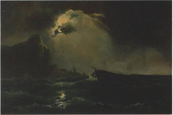 Abendliche stürmische Marine mit Steeilküste und gestrandetem Schiffswrack by 
																	Karl von Hafften