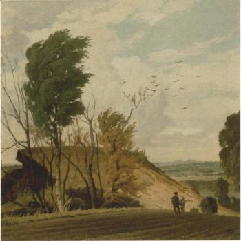 Hügelige Frühlingslandschaft mit weitem Blick in das Land, im Vordergrund zwei Landarbeiter auf geflügtem Feld by 
																	Max Durschke