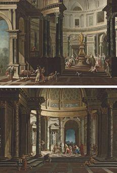 A capriccio of the interior of a temple with a scene of sacrifice to Jupiter; and A capriccio of the interior of a temple with a scene of sacrifice by 
																	Pier Francesco Garoli