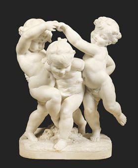 A French White Marble Group Of Three Playful Putti by 
																	Benedict Rougelet