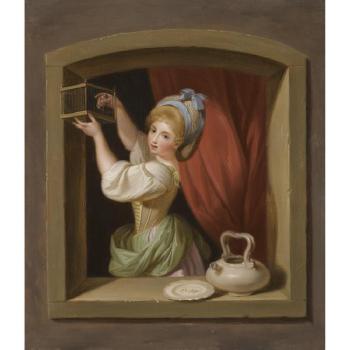 A Young Girl At The Window, Placing A Goldfinch In A Cage by 
																	Ludwig Guttenbrunn
