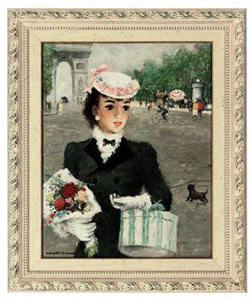 An elegant lady before the Arc de Triomphe by 
																	Alfred Sangster