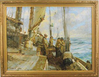 Fishermen on deck by 
																	McIvor Reddie