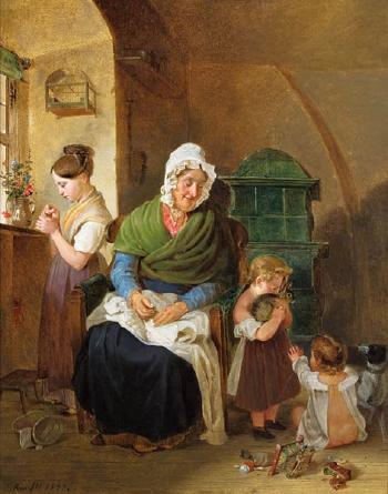Grossmutter mit drei Kindern in der Stube by 
																	Johann Matthias Ranftl