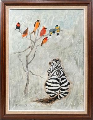 Zebra gazing at birds in tree by 
																	Charles Culver